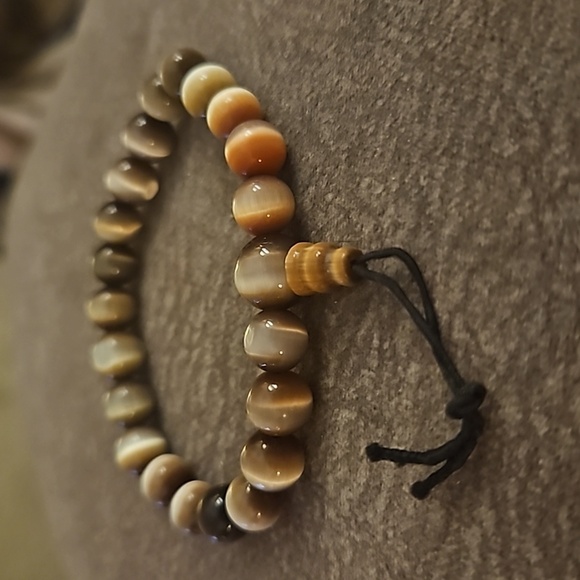 Bronze Honey Cat's Eye Beaded Unisex Prayer Stretch Bracelet - Picture 3 of 5